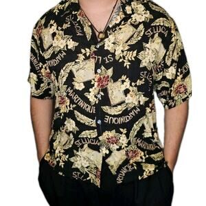 Vintage Straight Down Men's Black Tropical Floral Rayon Shirt Short Sleeve L